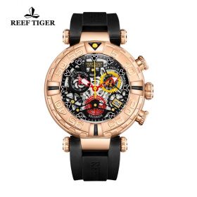 Reef Tiger Top Brand Men Sports Rose Gold Watches Chronograph Skeleton Watches Waterproof Mens Watch RGA3059-S-PBBB