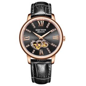 Reef Tiger Love Double Star Rose Gold Black Dial Leather Strap Mechanical Automatic Watches RGA1580