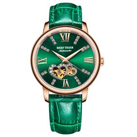 Reef Tiger Love Double Star Rose Gold Green Dial Leather Strap Mechanical Automatic Watches RGA1580