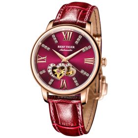 Reef Tiger Love Double Star Rose Gold Red Dial Leather Strap Mechanical Automatic Watches RGA1580