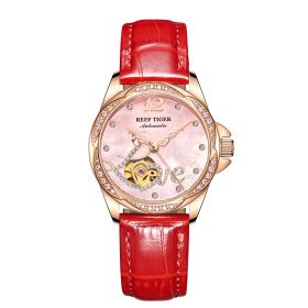 Reef Tiger Brand Luxury Rose Gold Flower Diamond Women Fashion Automatic Watch Leather Strap RGA1583-PPR