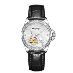 Reef Tiger Top Brand Luxury Steel Flower Diamond Women Fashion Automatic Watch Leather Strap RGA1583-YWY