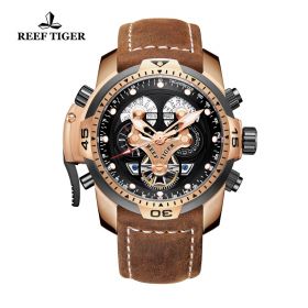 Reef Tiger/RT Military Watches for Men Genuine Brown Leather Strap Rose Gold Automatic Wrist Watch RGA3503-PBSG
