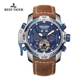 Reef Tiger/RT Gent Sport Watches with Complicated Dial Multi-functional Automatic Calfskin Strap Watch RGA3532-YLSR