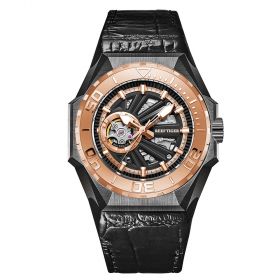 Reef Tiger Men Sports Watches Dive Rose Gold Automatic Mechanical skeleton Watches Leather Strap RGA6903-S-BPBB