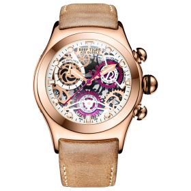 Reef Tiger Aurora Big Bang Skeleton Sport Watches for Men Rose Gold Luminous Quartz Watches Genuine Leather Strap RGA792-P