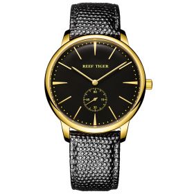Reef Tiger Couple Watches for Men Ultra Thin Black Dial Yellow Gold Leather Strap Watch RGA820