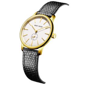 Reef Tiger Couple Watches for Women Ultra Thin Yellow Gold Black Dial Leather Strap Watch RGA820
