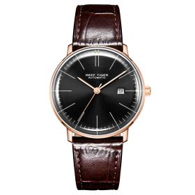 Reef Tiger Classic Legend Ultra Thin Rose Gold Black Dial Leather Strap Automatic Watches RGA8215-PBS